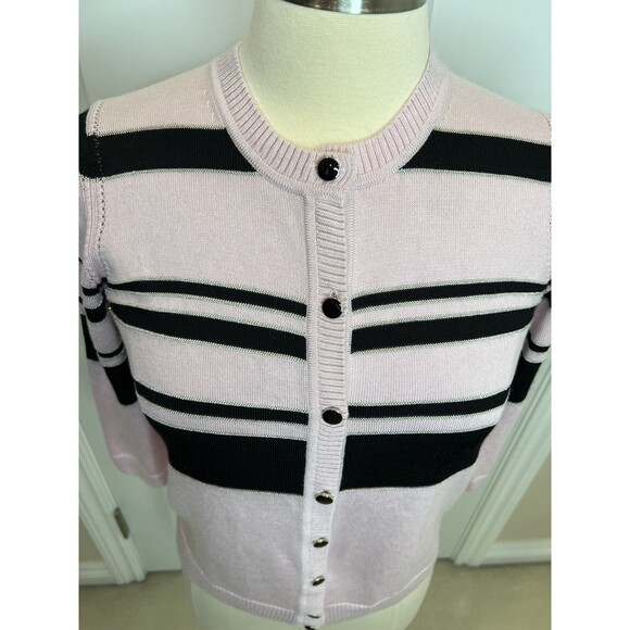 St. John Cardigan Pink Striped Knit Button Up Sz P Old Money Preppy Tiny Flaw XS - Picture 2 of 12